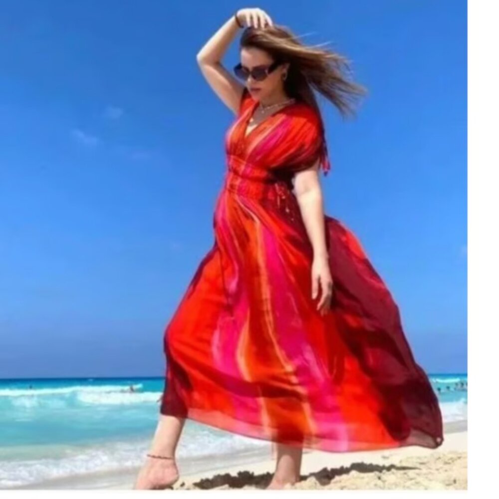 Zara Vibrant Red and Pink Striped V‑Neck Midi Dress